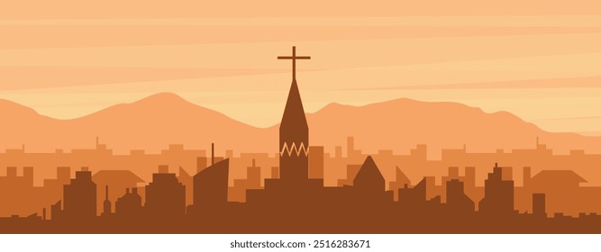 Brown panoramic poster of the city skyline with misty background buildings, sunrise, clouds and mountains of LYON, FRANCE
