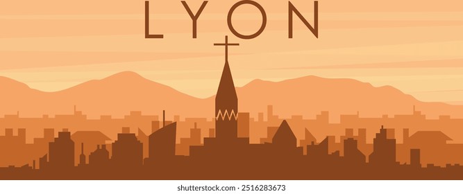 Brown panoramic poster of the city skyline with misty background buildings, sunrise, clouds and mountains of LYON, FRANCE