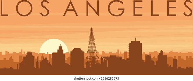 Brown panoramic poster of the city skyline with misty background buildings, sunrise, clouds and mountains of LOS ANGELES, UNITED STATES