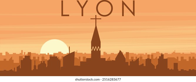 Brown panoramic poster of the city skyline with misty background buildings, sunrise, clouds and mountains of LYON, FRANCE