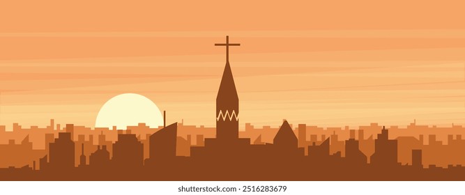 Brown panoramic poster of the city skyline with misty background buildings, sunrise, clouds and mountains of LYON, FRANCE