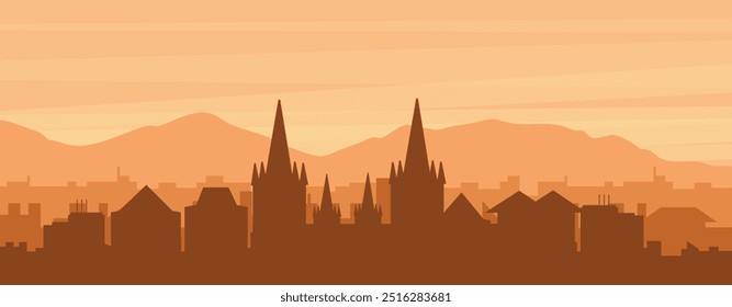 Brown panoramic poster of the city skyline with misty background buildings, sunrise, clouds and mountains of MAASTRICHT, NETHERLANDS