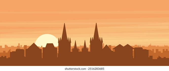 Brown panoramic poster of the city skyline with misty background buildings, sunrise, clouds and mountains of MAASTRICHT, NETHERLANDS