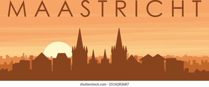Brown panoramic poster of the city skyline with misty background buildings, sunrise, clouds and mountains of MAASTRICHT, NETHERLANDS