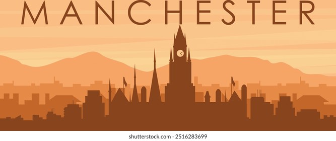 Póster panorámico marrón del horizonte de la ciudad con edificios de fondo brumoso, amanecer, nubes y montañas de MANCHESTER, REINO UNIDO