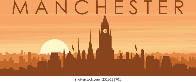 Póster panorámico marrón del horizonte de la ciudad con edificios de fondo brumoso, amanecer, nubes y montañas de MANCHESTER, REINO UNIDO