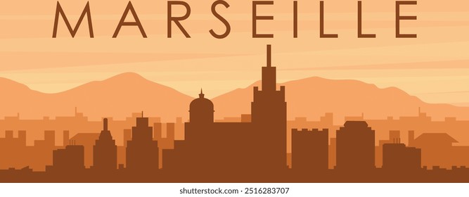 Brown panoramic poster of the city skyline with misty background buildings, sunrise, clouds and mountains of MARSEILLE, FRANCE
