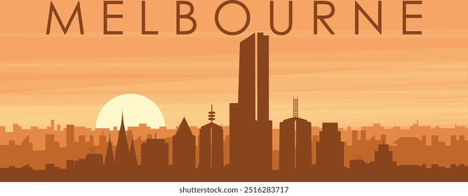 Brown panoramic poster of the city skyline with misty background buildings, sunrise, clouds and mountains of MELBOURNE, AUSTRALIA
