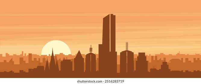 Brown panoramic poster of the city skyline with misty background buildings, sunrise, clouds and mountains of MELBOURNE, AUSTRALIA