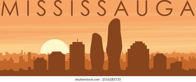 Brown panoramic poster of the city skyline with misty background buildings, sunrise, clouds and mountains of MISSISSAUGA, CANADA