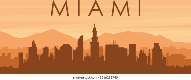 Brown panoramic poster of the city skyline with misty background buildings, sunrise, clouds and mountains of MIAMI, UNITED STATES