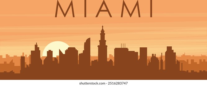 Brown panoramic poster of the city skyline with misty background buildings, sunrise, clouds and mountains of MIAMI, UNITED STATES