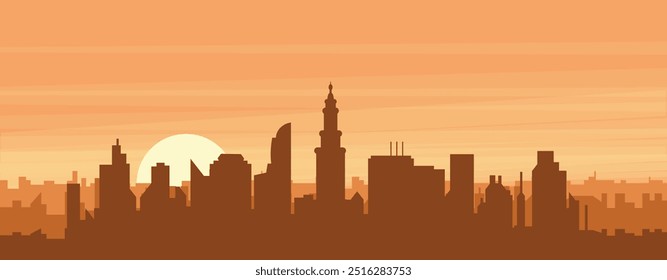 Brown panoramic poster of the city skyline with misty background buildings, sunrise, clouds and mountains of MIAMI, UNITED STATES