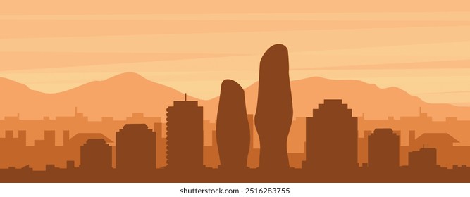 Brown panoramic poster of the city skyline with misty background buildings, sunrise, clouds and mountains of MISSISSAUGA, CANADA