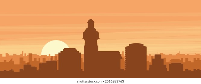 Brown panoramic poster of the city skyline with misty background buildings, sunrise, clouds and mountains of MONTEVIDEO, URUGUAY