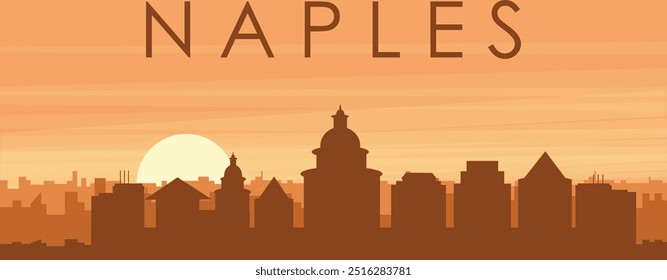 Brown panoramic poster of the city skyline with misty background buildings, sunrise, clouds and mountains of NAPLES, ITALY