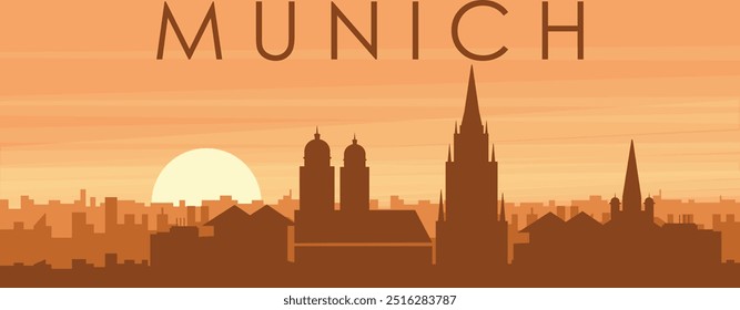 Brown panoramic poster of the city skyline with misty background buildings, sunrise, clouds and mountains of MUNICH, GERMANY