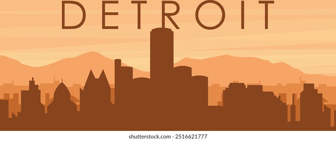 Brown panoramic poster of the city skyline with misty background buildings, sunrise, clouds and mountains of DETROIT, UNITED STATES