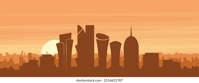Brown panoramic poster of the city skyline with misty background buildings, sunrise, clouds and mountains of DOHA, QATAR