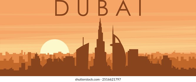 Brown panoramic poster of the city skyline with misty background buildings, sunrise, clouds and mountains of DUBAI, UNITED ARAB EMIRATES