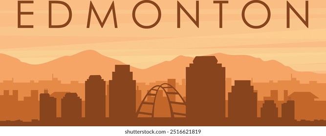 Brown panoramic poster of the city skyline with misty background buildings, sunrise, clouds and mountains of EDMONTON, CANADA