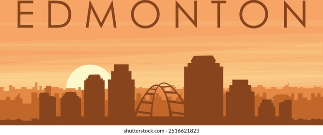 Brown panoramic poster of the city skyline with misty background buildings, sunrise, clouds and mountains of EDMONTON, CANADA