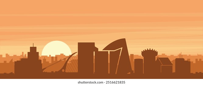 Brown panoramic poster of the city skyline with misty background buildings, sunrise, clouds and mountains of DUBLIN, IRELAND