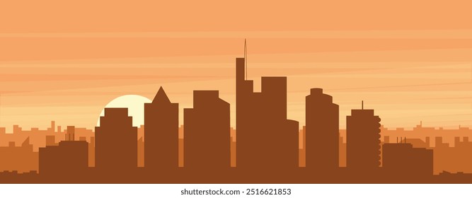 Brown panoramic poster of the city skyline with misty background buildings, sunrise, clouds and mountains of FRANKFURT, GERMANY