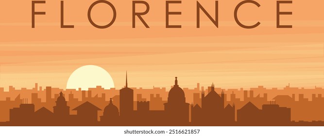 Brown panoramic poster of the city skyline with misty background buildings, sunrise, clouds and mountains of FLORENCE, ITALY