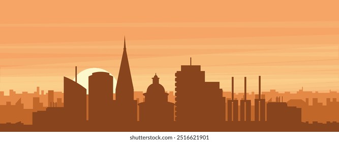 Brown panoramic poster of the city skyline with misty background buildings, sunrise, clouds and mountains of HANOVER, GERMANY