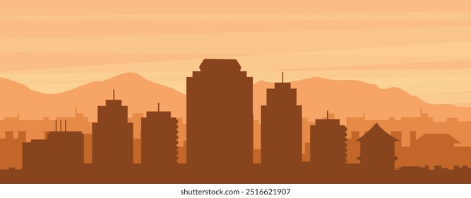 Brown panoramic poster of the city skyline with misty background buildings, sunrise, clouds and mountains of HONOLULU, UNITED STATES