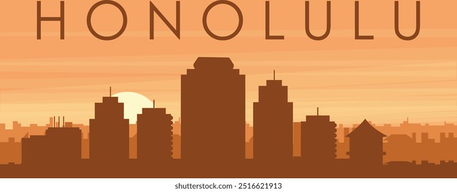 Brown panoramic poster of the city skyline with misty background buildings, sunrise, clouds and mountains of HONOLULU, UNITED STATES