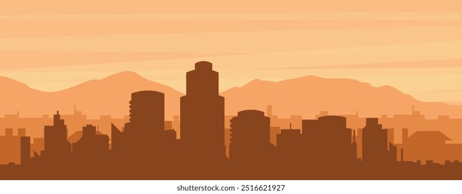 Brown panoramic poster of the city skyline with misty background buildings, sunrise, clouds and mountains of HOUSTON, UNITED STATES