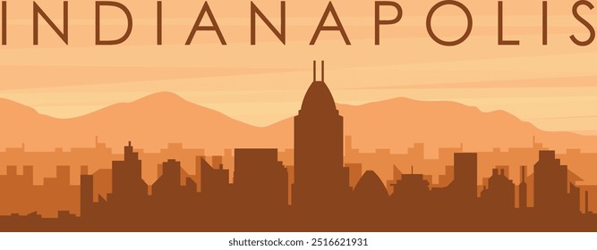 Brown panoramic poster of the city skyline with misty background buildings, sunrise, clouds and mountains of INDIANAPOLIS, UNITED STATES