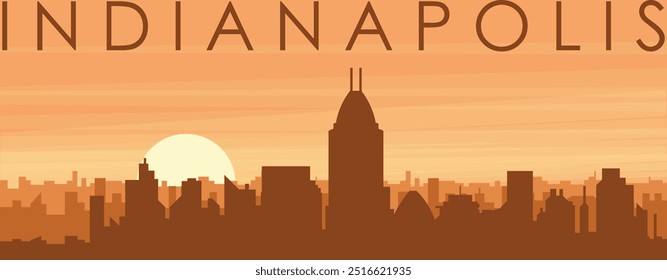 Brown panoramic poster of the city skyline with misty background buildings, sunrise, clouds and mountains of INDIANAPOLIS, UNITED STATES