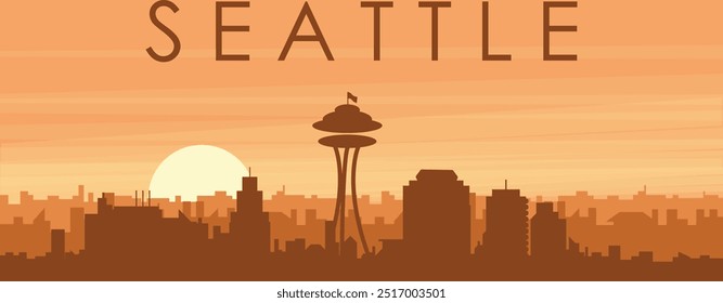 Brown panoramic poster of the city skyline with misty background buildings, sunrise, clouds and mountains of SEATTLE, UNITED STATES