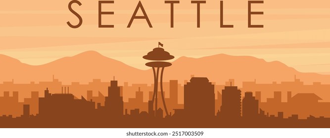 Brown panoramic poster of the city skyline with misty background buildings, sunrise, clouds and mountains of SEATTLE, UNITED STATES