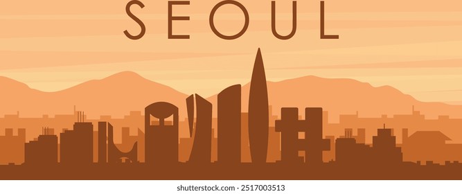 Brown panoramic poster of the city skyline with misty background buildings, sunrise, clouds and mountains of SEOUL, SOUTH KOREA