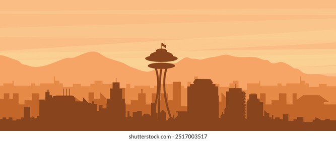 Brown panoramic poster of the city skyline with misty background buildings, sunrise, clouds and mountains of SEATTLE, UNITED STATES