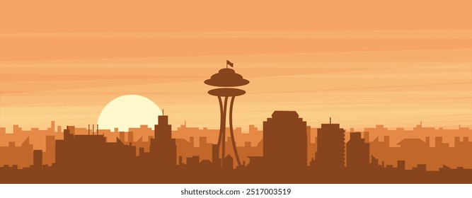 Brown panoramic poster of the city skyline with misty background buildings, sunrise, clouds and mountains of SEATTLE, UNITED STATES