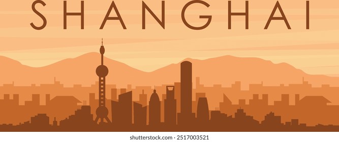 Brown panoramic poster of the city skyline with misty background buildings, sunrise, clouds and mountains of SHANGHAI, CHINA