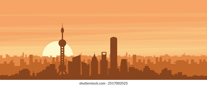 Brown panoramic poster of the city skyline with misty background buildings, sunrise, clouds and mountains of SHANGHAI, CHINA