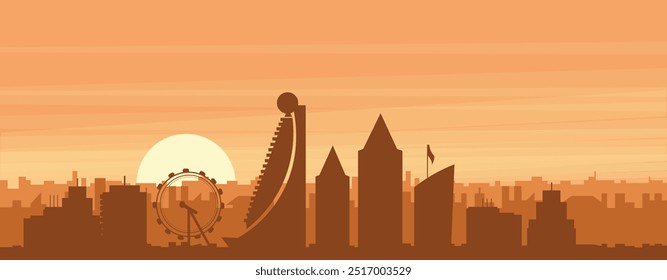 Brown panoramic poster of the city skyline with misty background buildings, sunrise, clouds and mountains of SHARJAH, UNITED ARAB EMIRATES
