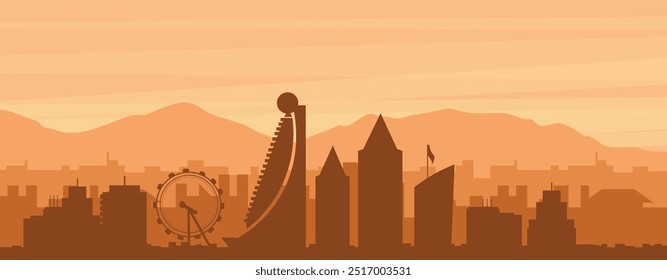 Brown panoramic poster of the city skyline with misty background buildings, sunrise, clouds and mountains of SHARJAH, UNITED ARAB EMIRATES