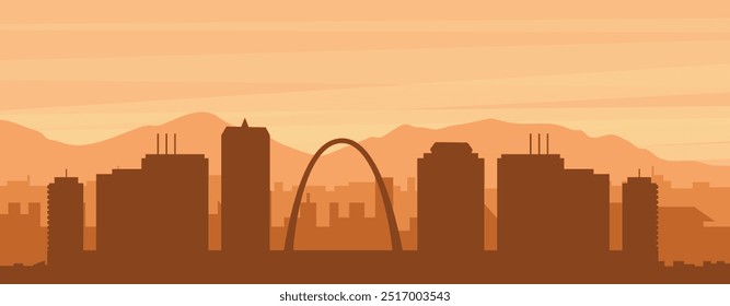 Brown panoramic poster of the city skyline with misty background buildings, sunrise, clouds and mountains of ST. LOUIS, UNITED STATES