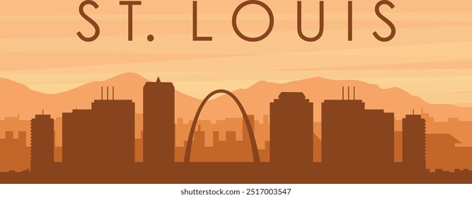 Brown panoramic poster of the city skyline with misty background buildings, sunrise, clouds and mountains of ST. LOUIS, UNITED STATES