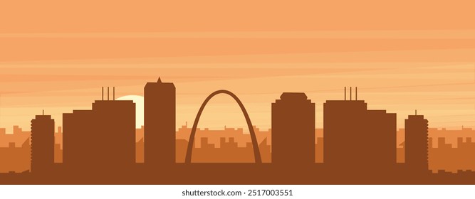 Brown panoramic poster of the city skyline with misty background buildings, sunrise, clouds and mountains of ST. LOUIS, UNITED STATES