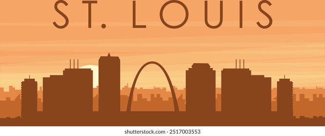 Brown panoramic poster of the city skyline with misty background buildings, sunrise, clouds and mountains of ST. LOUIS, UNITED STATES