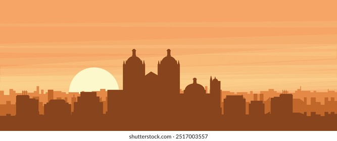 Brown panoramic poster of the city skyline with misty background buildings, sunrise, clouds and mountains of OAXACA, MEXICO