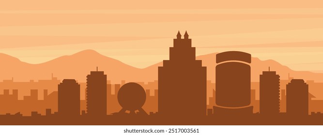 Póster panorámico marrón del horizonte de la ciudad con edificios de fondo brumoso, amanecer, nubes y montañas de ORLANDO, ESTADOS UNIDOS